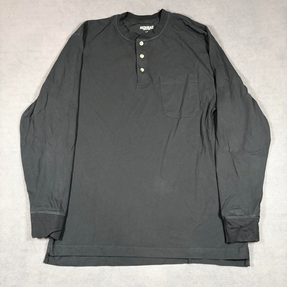 RedHead Henley Shirt Mens Large Black Long Sleeve Pocket Cotton